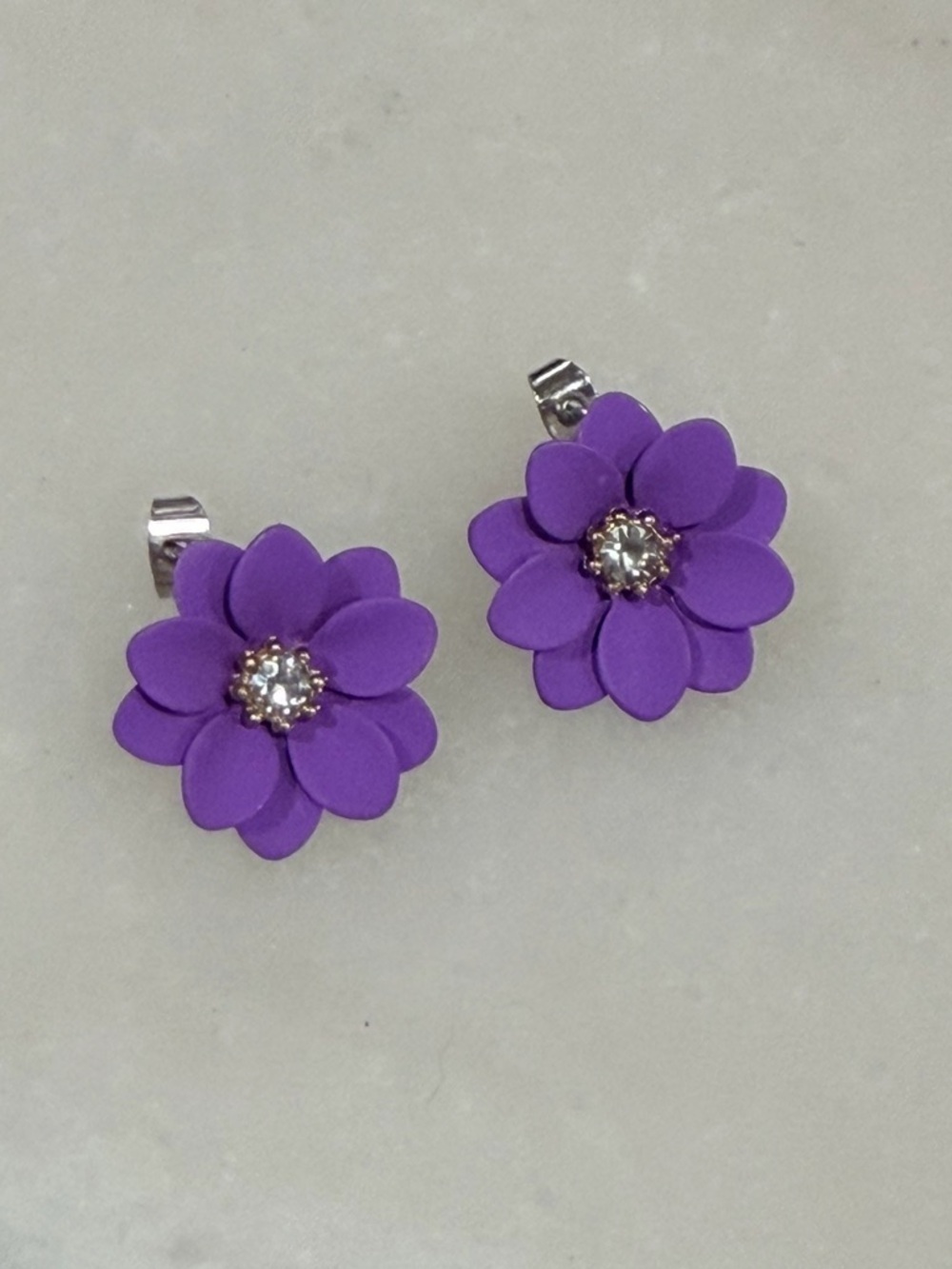 Artisan Purple Floral Stud Earrings with Crystal Center